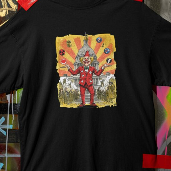 Cirkus moci biele oversize tričko 200g bavlna s klaunom pred Kapitolom a ikonami